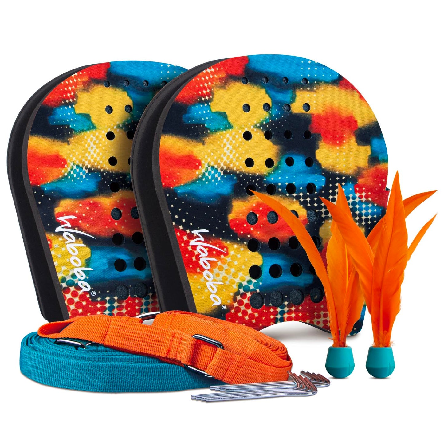 Waboba Battle Bird - Rethink Your Paddle Game – Backyard Set Includes: 2 Wearable Paddles, 2 Small Birdies and a Easy Court to Set-up with Stakes - Size 200 x 120 x 228 mm
