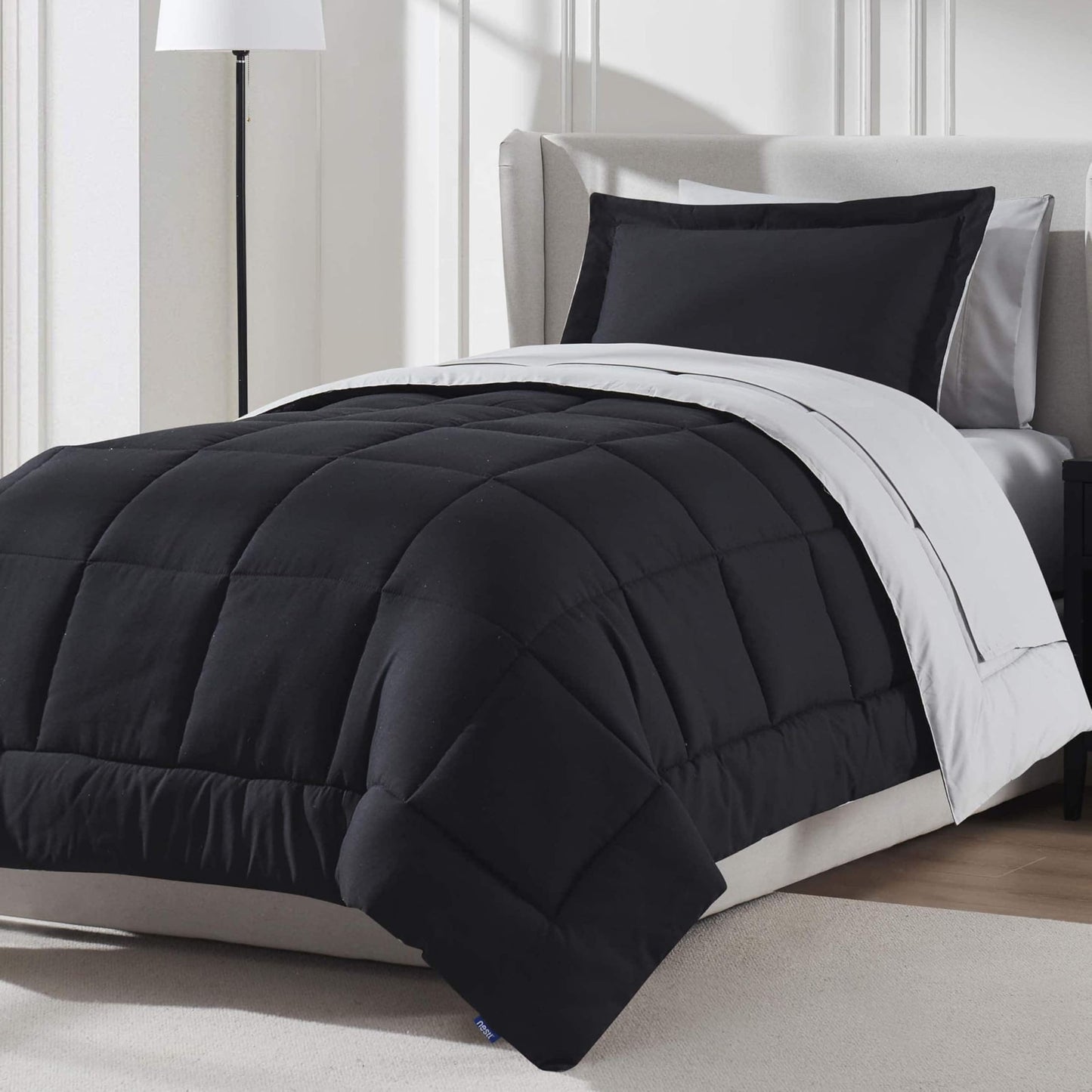 Nestl 7 Piece Twin XL Comforter Set – Black Reversible Bed in a Bag – Complete Twin XL Size Bedding Set with Sheets, Set of 2 Down Alternative Pillows, Pillowcase and Sham