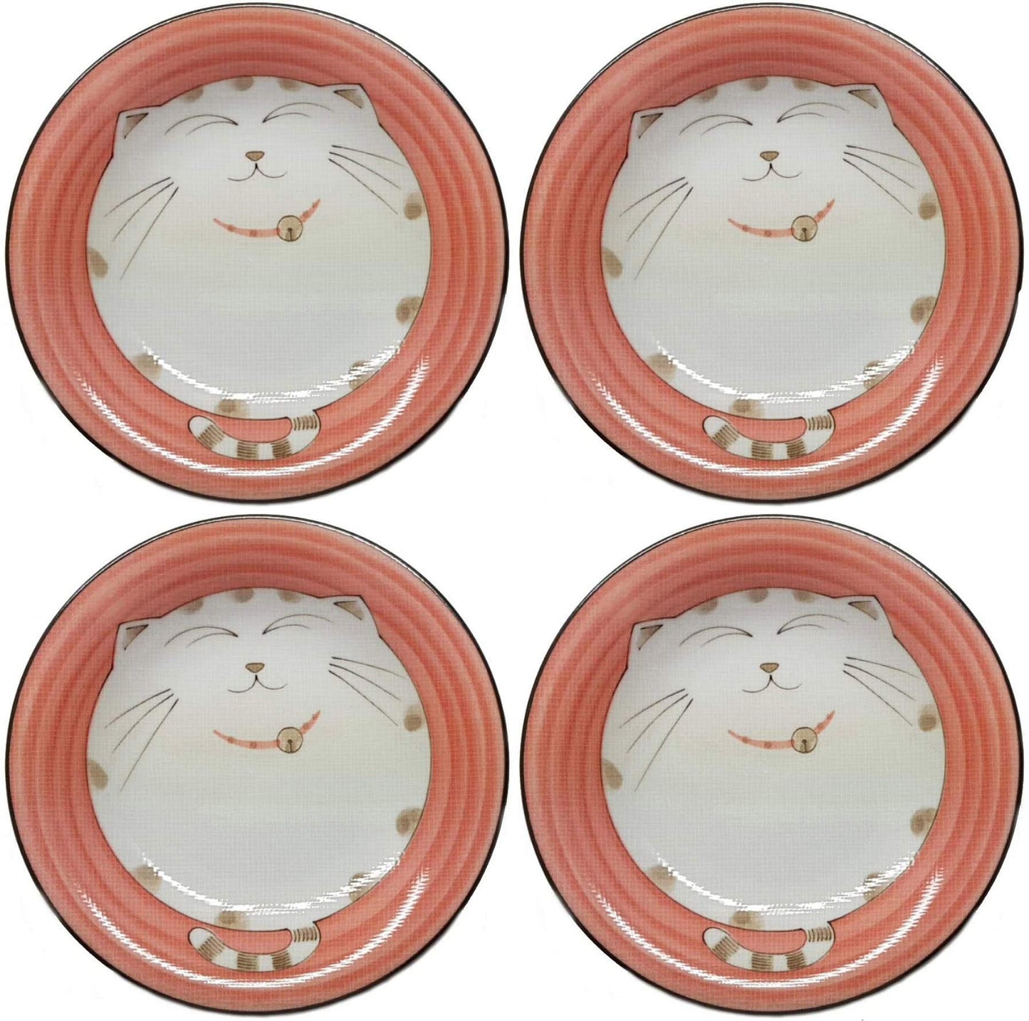 JapanBargain 2476, Set of 4 Japanese Porcelain Plates for Appetizer Dessert Cake Snack, Maneki Neko Smiling Lucky Cat Pattern for Cat Lovers, Cat Dinner Plates, Made in Japan, 6.5-inch, Pink