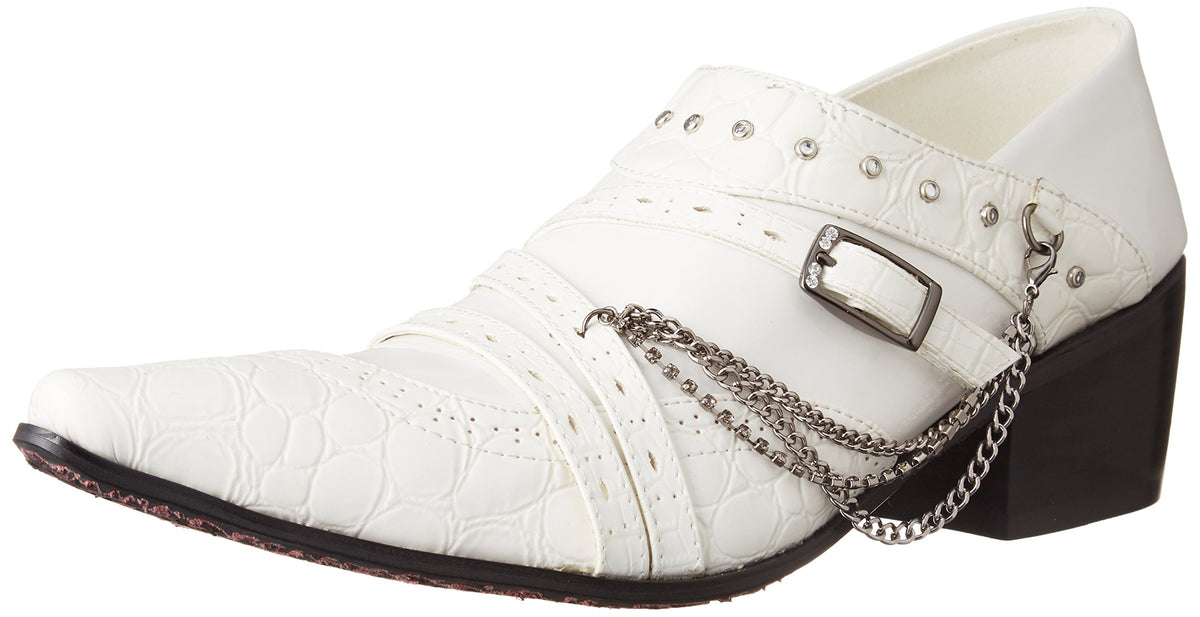 ENDEVICE Heel 6.3cm Mule Enamel Embossing Buckle Belt Chain Slip-on Men's Dress Shoes Casual Shoes for Men White,44 EU (US Men's 10.5 M)