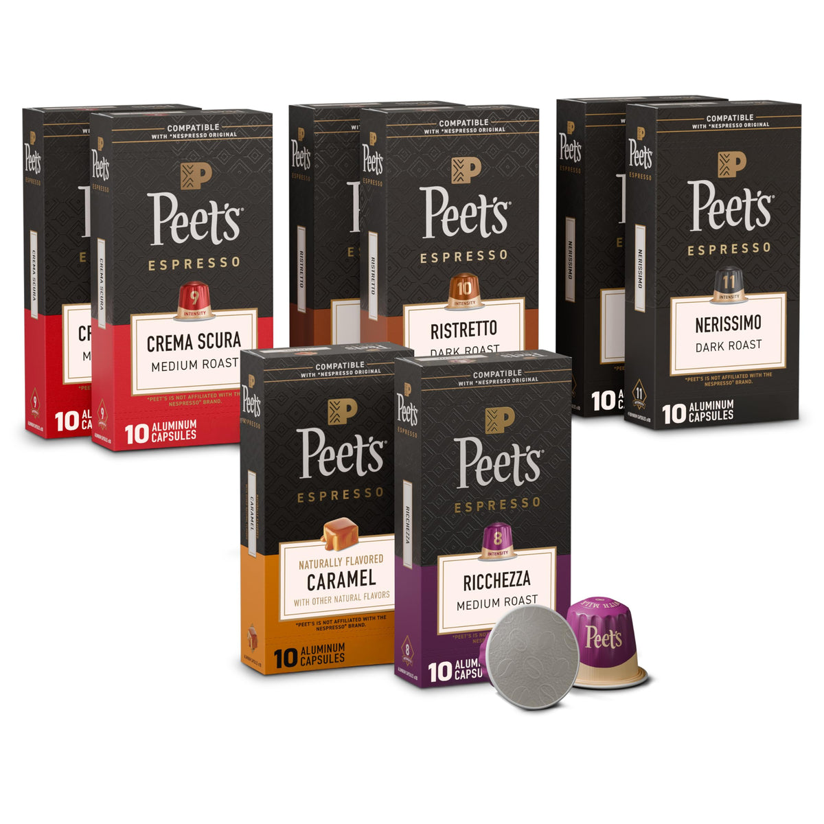 Peet's Coffee, Dark Roast Espresso Capsules Variety Pack, Compatible with Nespresso Original Machine - Intensity 8-11, 80 Count (8 Boxes of 10 Espresso Capsules)