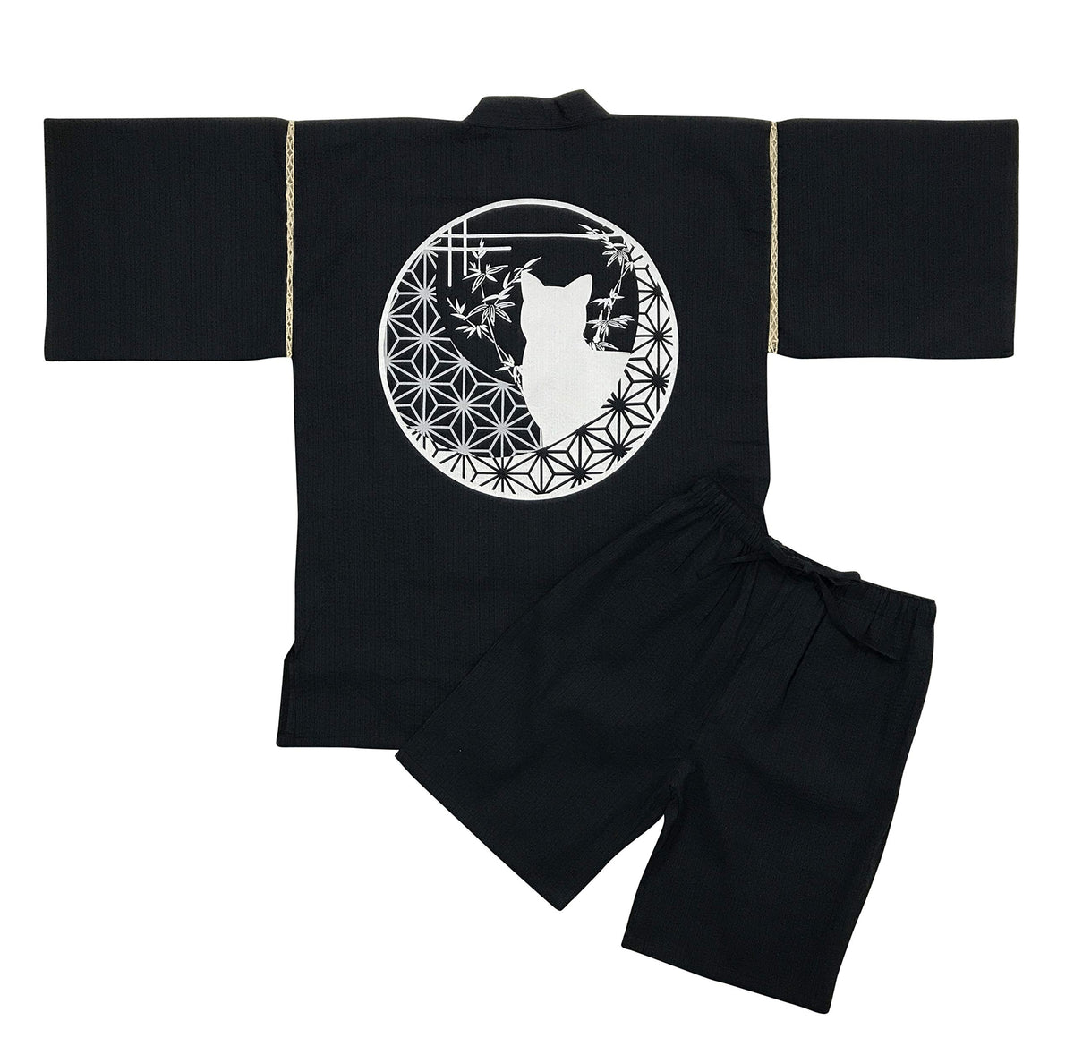 Edoten Japan 100% Cotton Jimbei Original Printing Cat and Round Window Navy XL