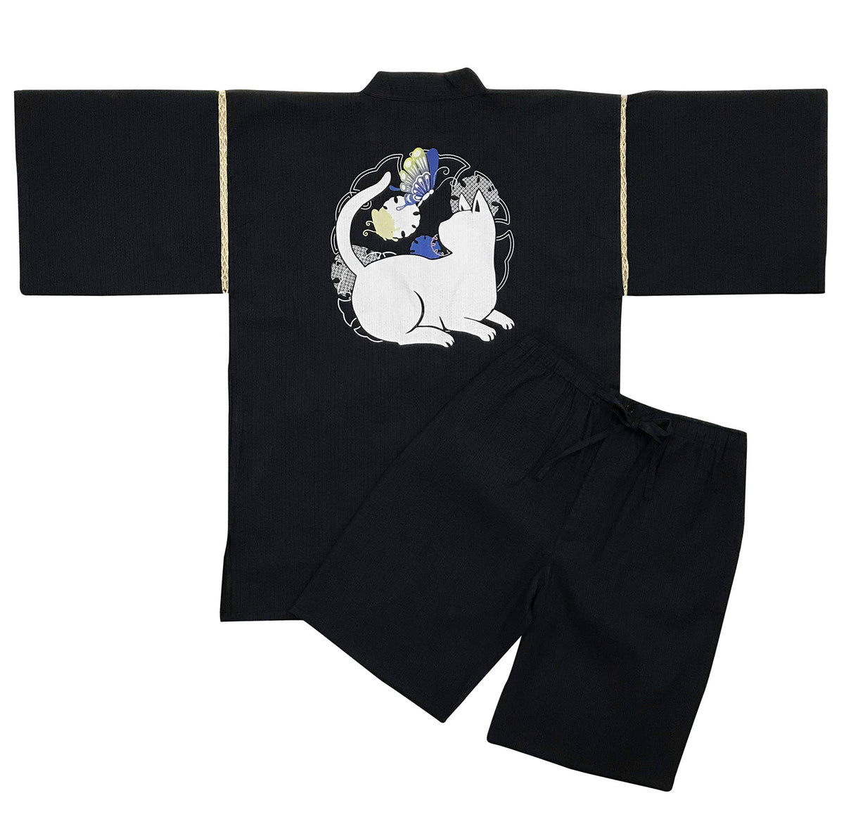Edoten Japan 100% Cotton Jimbei Original Printing Cat and Dragonfly Navy L