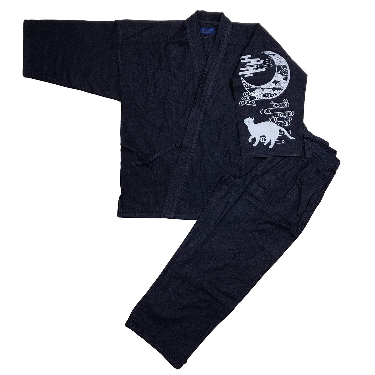 Edoten Men's Japan Denim Samue Pattern printed L.Navy Cat and Moon clouds with Left Sleeve 118.