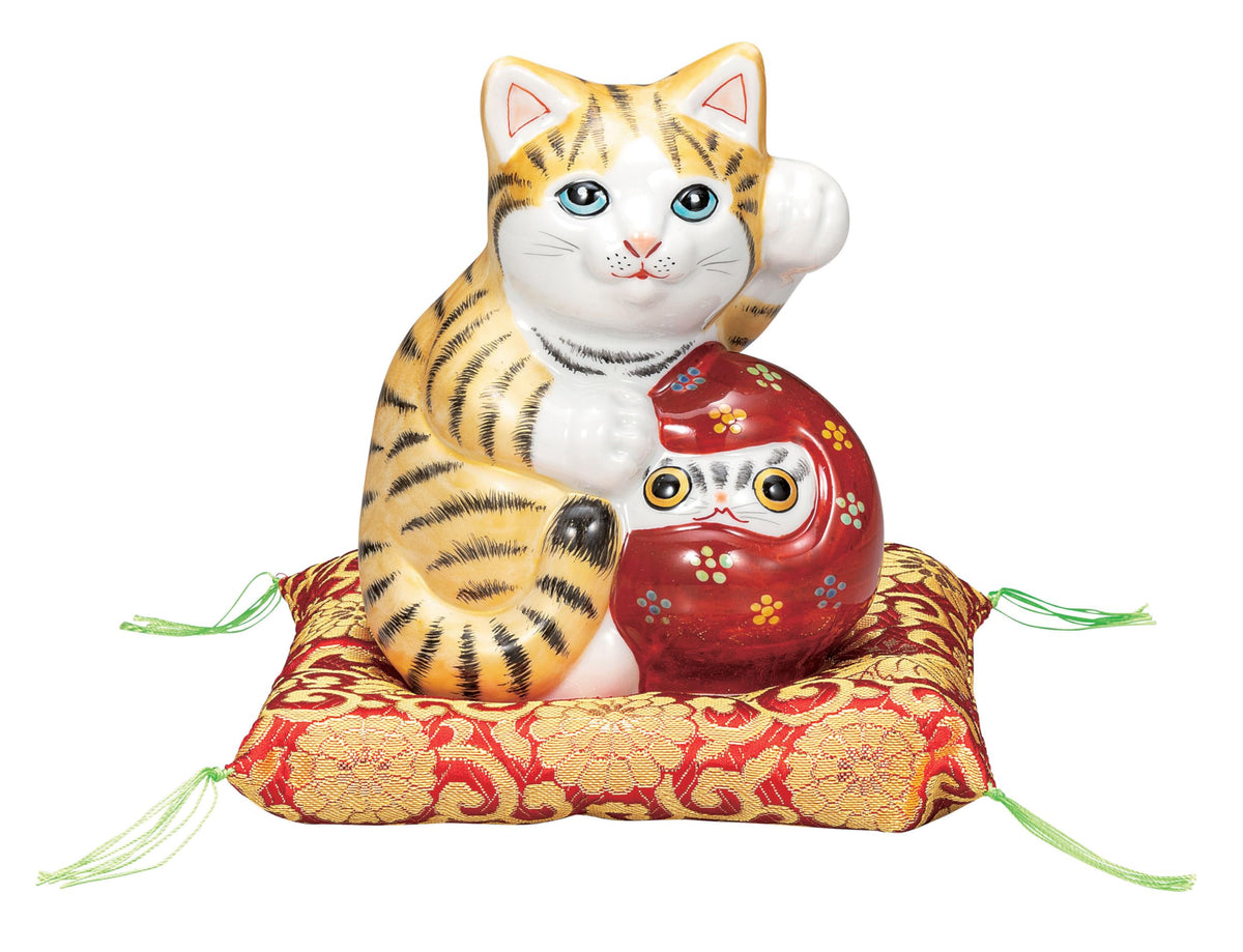 Kutani Ware K9-1643 Maneki Neko Figurine, Good Luck, Left-Hand, with Cushion, Height 6.1 inches (15.5 cm), No. 5, Gold Color