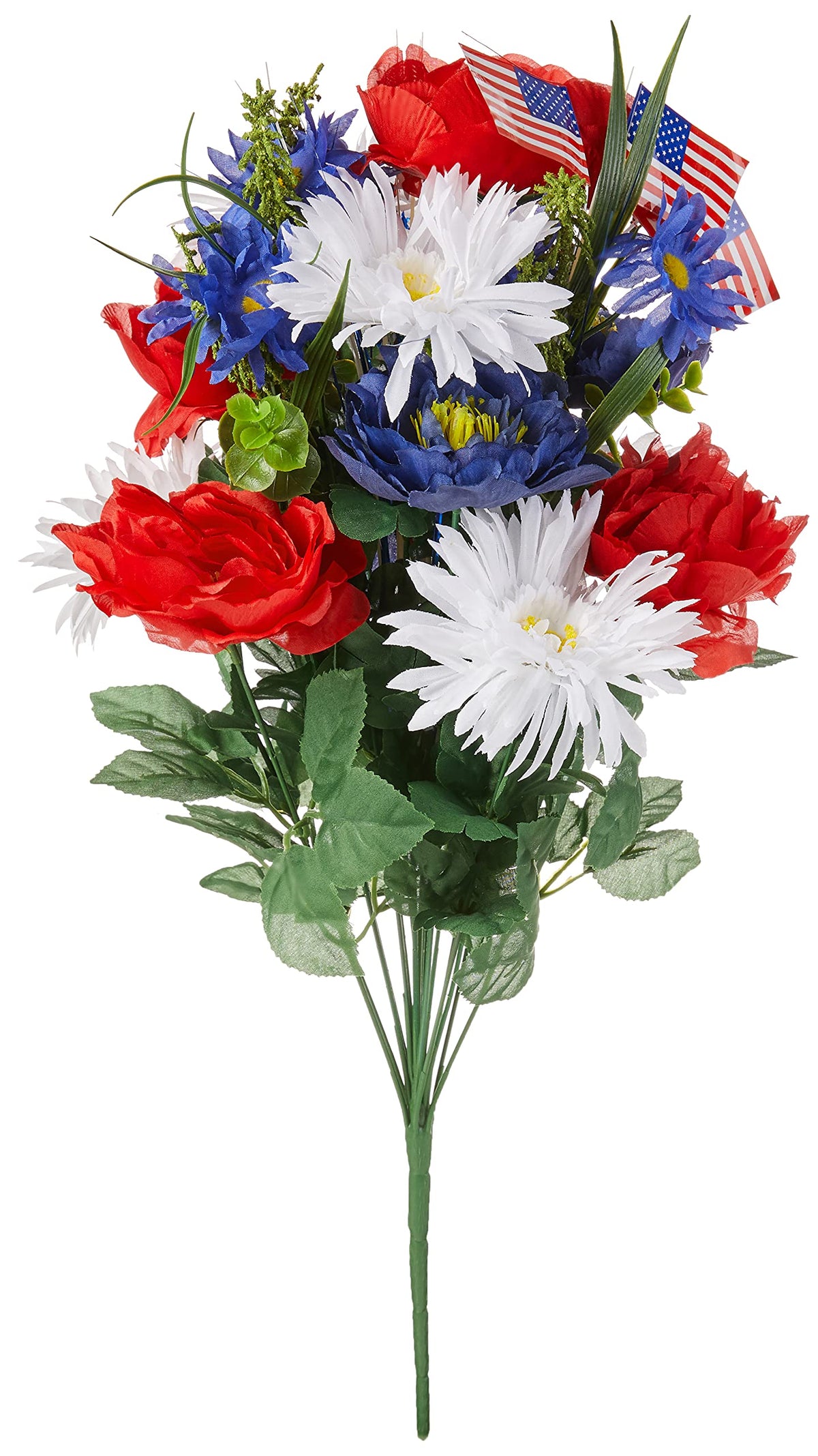Admired by Nature 18 Stems Artificial Blooming Peony, Gerbera Daisy with Small American Flags, Fillers Mixed Flowers Bush for Memorial Day, Red/Blue/White