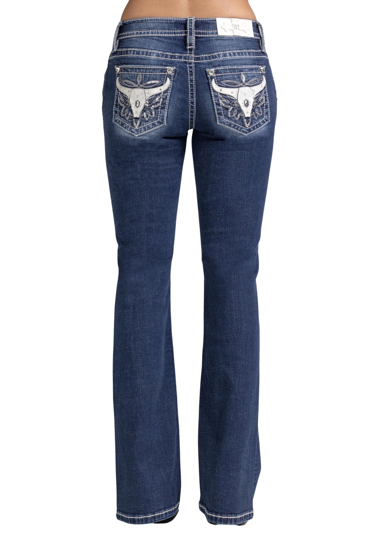 Miss Me Women's Kasey Longhorn Embellished Pockets Mid-Rise Bootcut Jeans (Dark Blue, 28W x 32L)