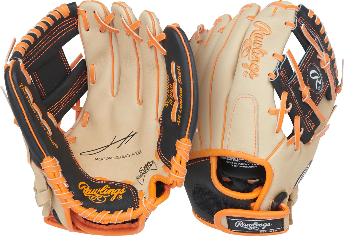 Rawlings | Sure Catch Series Youth Jackson Holiday Signature Baseball Glove | 10" | Right Hand Throw | Camel/Black/Orange