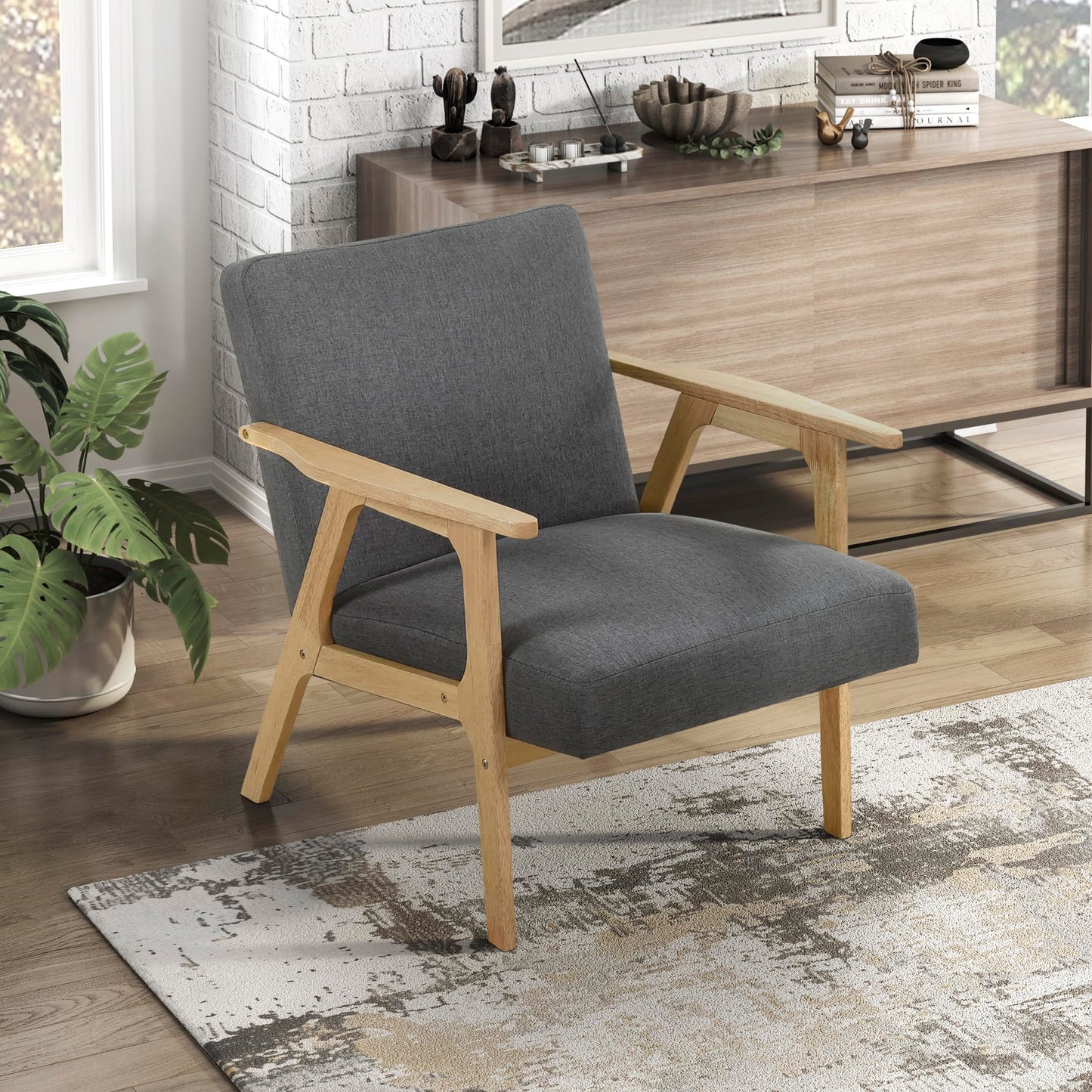 Lexicon Mid Century Modern Accent Chair,Natural Solid Wood Frame,Dark Gray