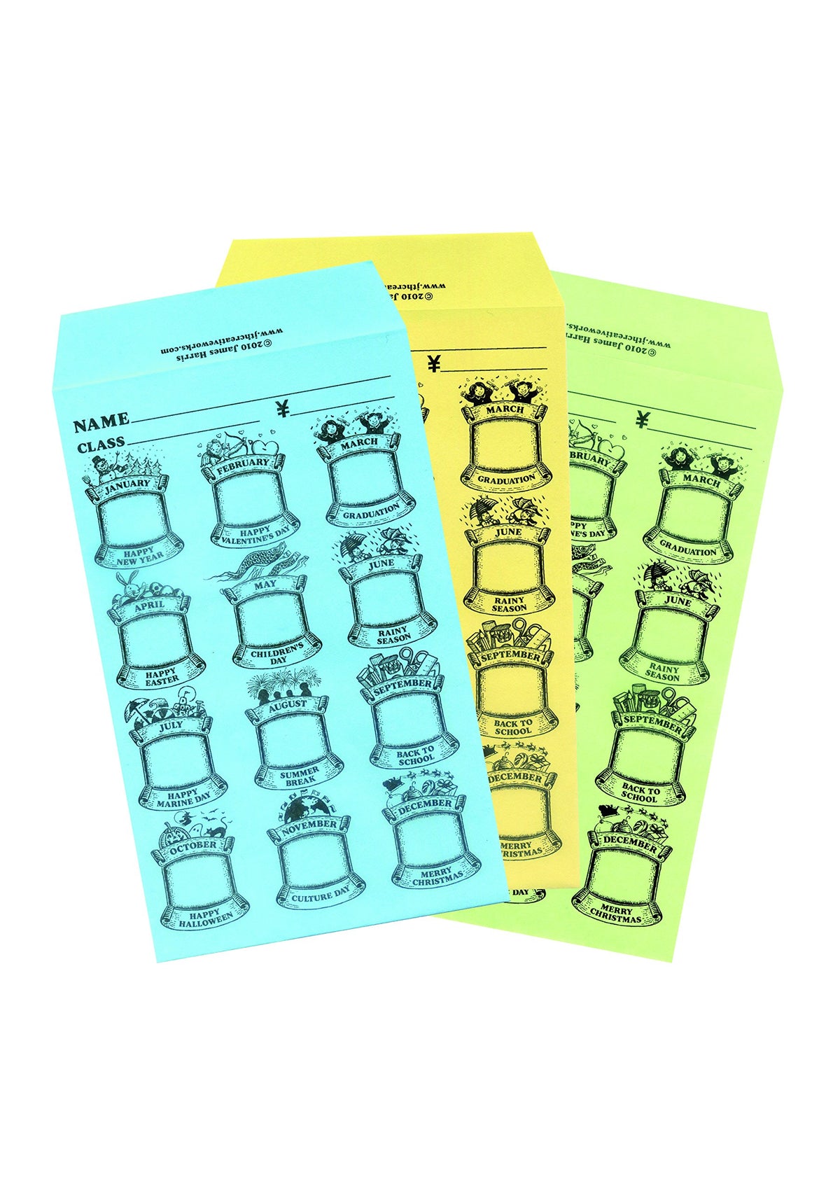 JTH Creative Works English Tuition Bag 3 Color Set (Each Five Green Blue Yellow) Total 15 Sheets English Monthly Lesson Fee Envelopes