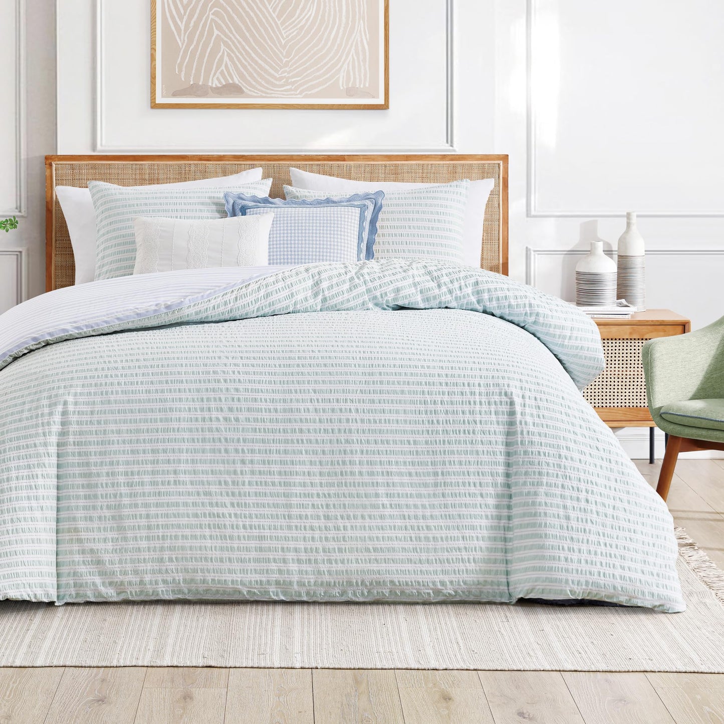 Peri Home Full/Queen Duvet Cover Set - 100% Cotton - Seersucker Stripe Reversible Design - Includes Shams - 3-Piece - Green/Blue