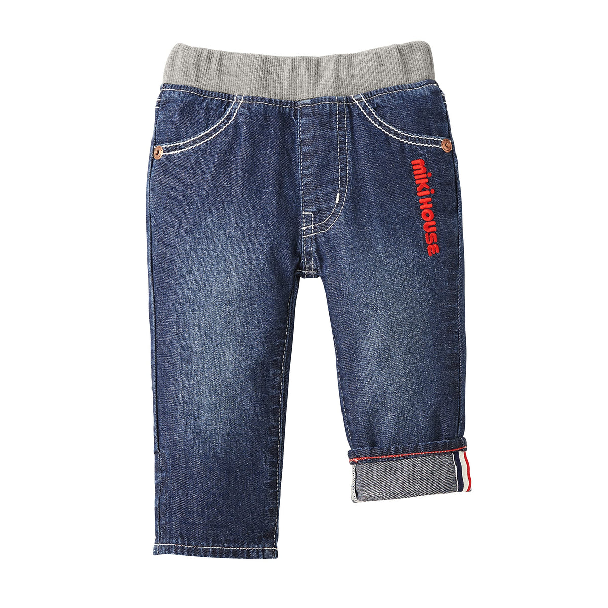 Miki House 10-3205-490 Pants, Long Pants, Denim, Hickory, Logo, Simple, Boys, Girls, Baby, Kids, Children's Clothing, Indigo Blue, 130