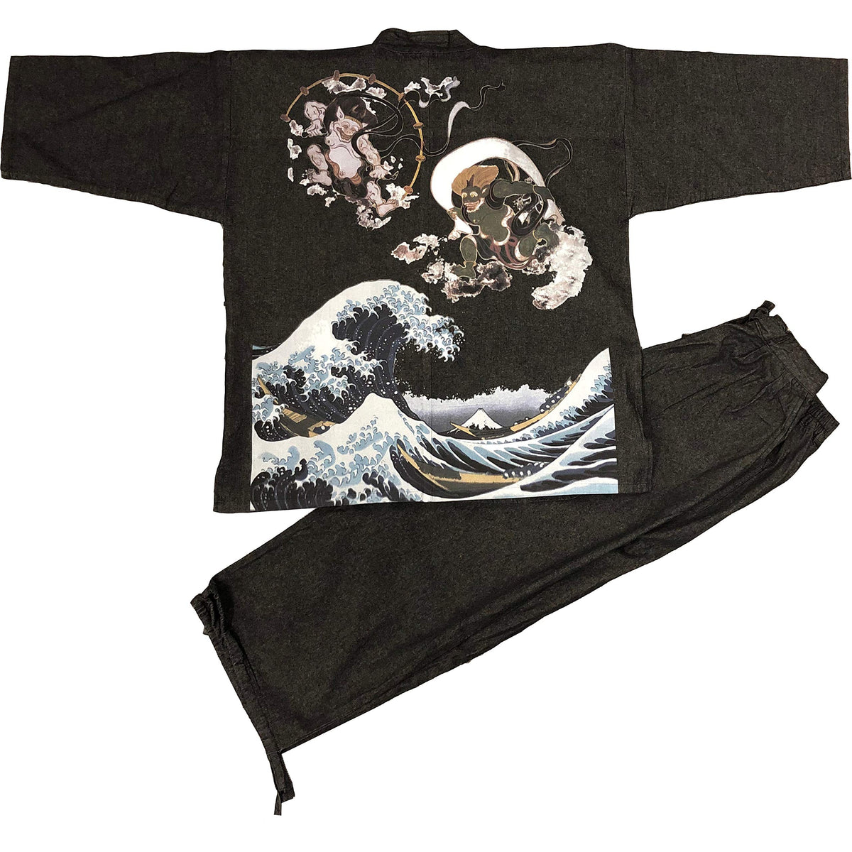 Edoten Japan Denim Samue Pattern Printed Black Fujin Raijin Waves L