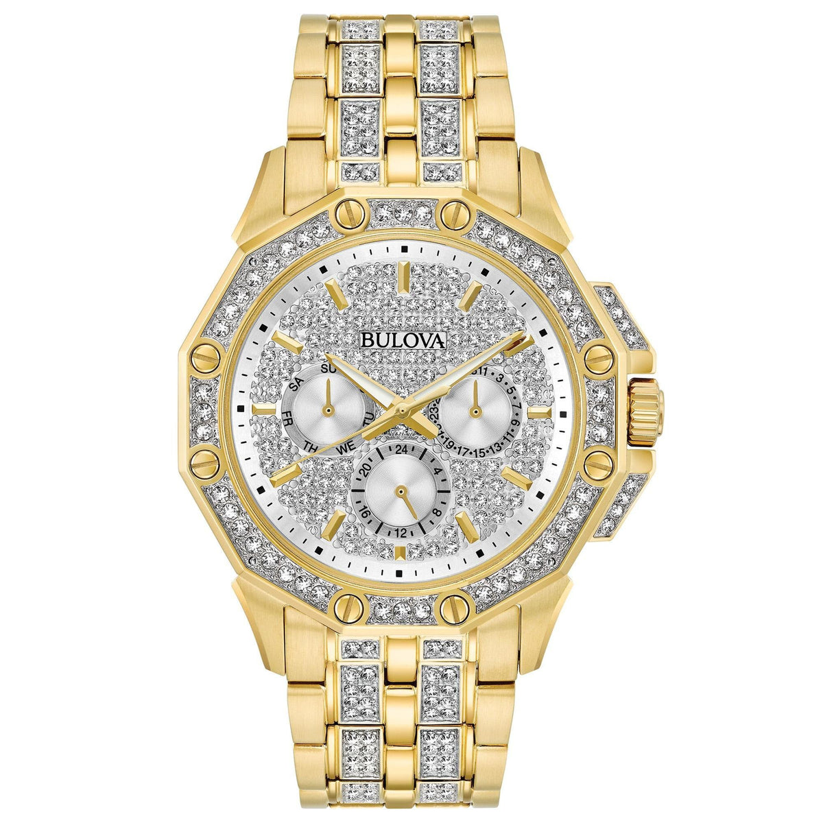 Bulova Men's Crystals Octava Gold Tone Stainless Steel 6-Hand Multi-Function Quartz Watch Style: 98C126