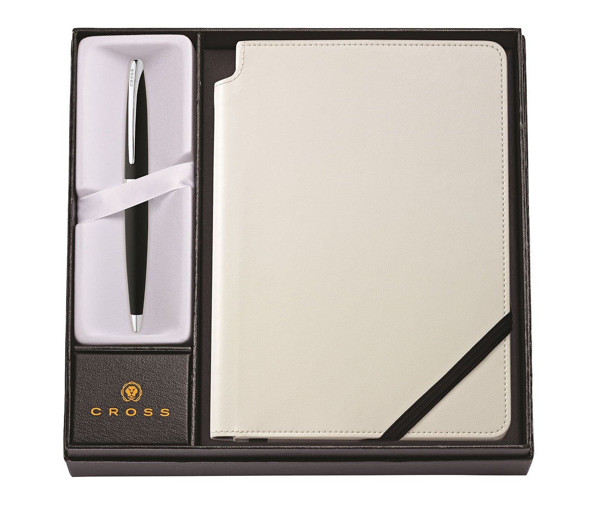 Cross ATX Black Refillable Ballpoint Pen and Medium Lined Journal Gift Set, Includes Premium Gift Box - Classic White