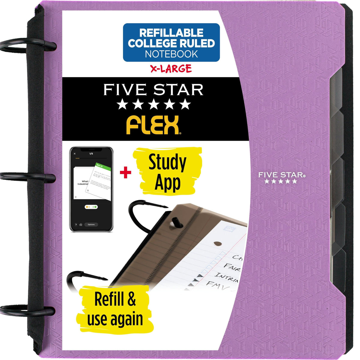 Five Star Flex Refillable Notebook + Study App, College Ruled Paper and 1-1/2 Inch TechLock Ring Binder with Pockets, Tabs and Dividers, 300 Sheet Capacity, Amethyst Purple (29324AB6)