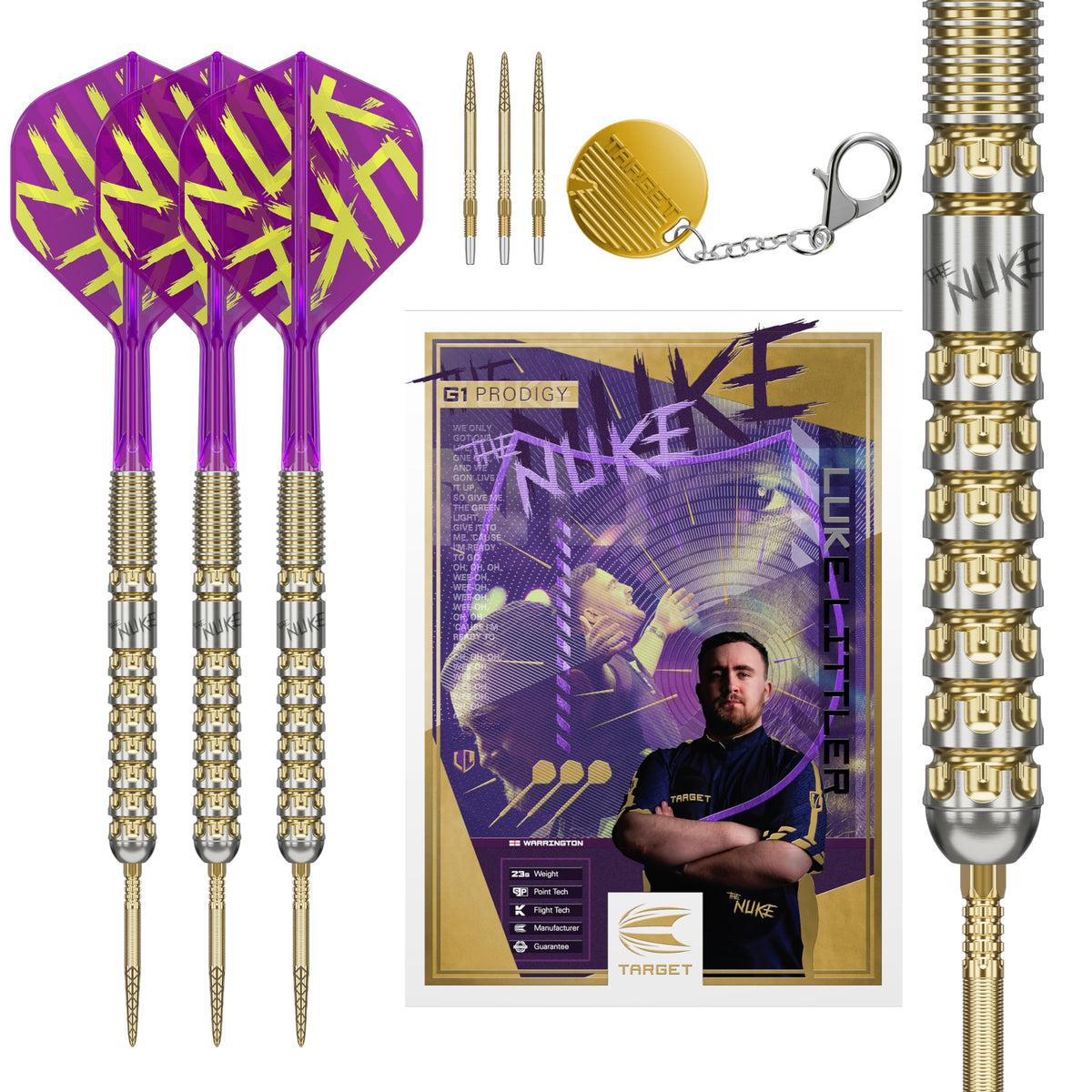 Target Darts Luke Littler Gen 1 Prodigy Steel Tip Swiss Point Darts, 90% Tungsten Darts, 23G | Generation 1 Gold Steel Tip Darts, Player Edition Swiss Points Dart Sets, K-Flex Flights and Shafts