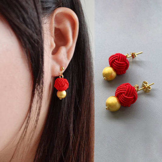 Haku Mizuhiki Tama (Red) Earrings