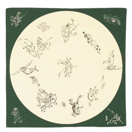 山田繊維 Furoshiki Traditional Japanese Fabric (Choju-giga Round Window) - Wrapping Cloth Bandana - Medium 26.77 x 26.77 inches, Hand Towel: with Ukiyo-e Art Motif