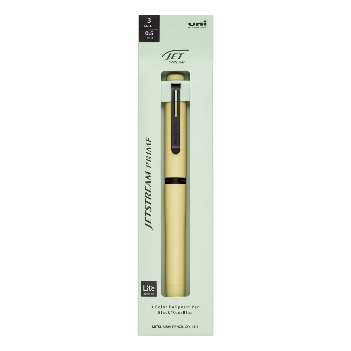 Uni Jetstream Prime Rotational Twist-Action 3-Color Ballpoint Pen, Equipped with 0.5mm Lite Touch Ink (Black, Red, Blue), All-Metal Barrel, Citron Yellow, SXE3LPR05.28