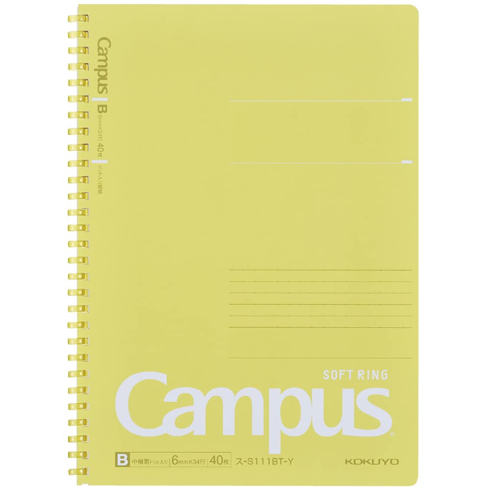 KOKUYO Spiral Lined Notebook, 10'' x 7'' Pastel Journal B5 Campus Soft Ring Notebooks with Dot 6 mm Ruled, 40 Sheets, Yellow 1 Subject Notebook, Note Taking for School. Japan Import (SU-S111BT-Y)