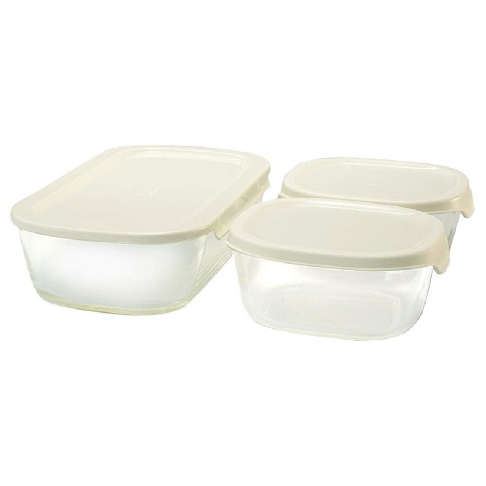 HARIO KSTL-M-3006-OW Stacking Heat Resistant Glass Container M, 3-Piece Set, Made in Japan