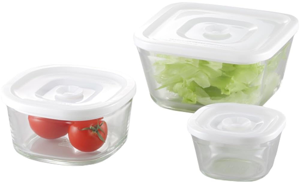 iwaki PSC-MP-3W2 Heat-resistant Glass Airtight Container, White, Square Shape, 3-Piece Set, Sealed Pack & Range