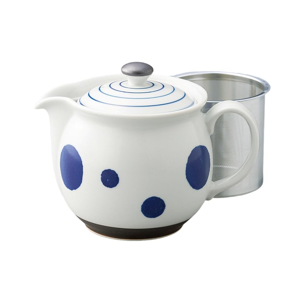 Ale-net Teapot Pot (Stainless Steel with Tea Strainer) 3.9 x 4.5 inches (10 x 11.5 cm), 15.9 fl oz (450 cc), Arita Ware, Round Crest Line SS Nice Spot, Porcelain, Made in Japan, Fashionable
