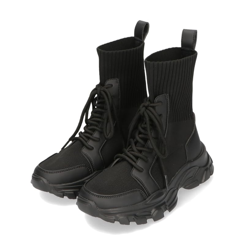 Oriental Traffic Women's Fashion Boots, Boots, Short Boots, Thick Sole, Track Sole, Knit Material, Easy to Wear, Large Size, Small Size, Black, 22.5 cm