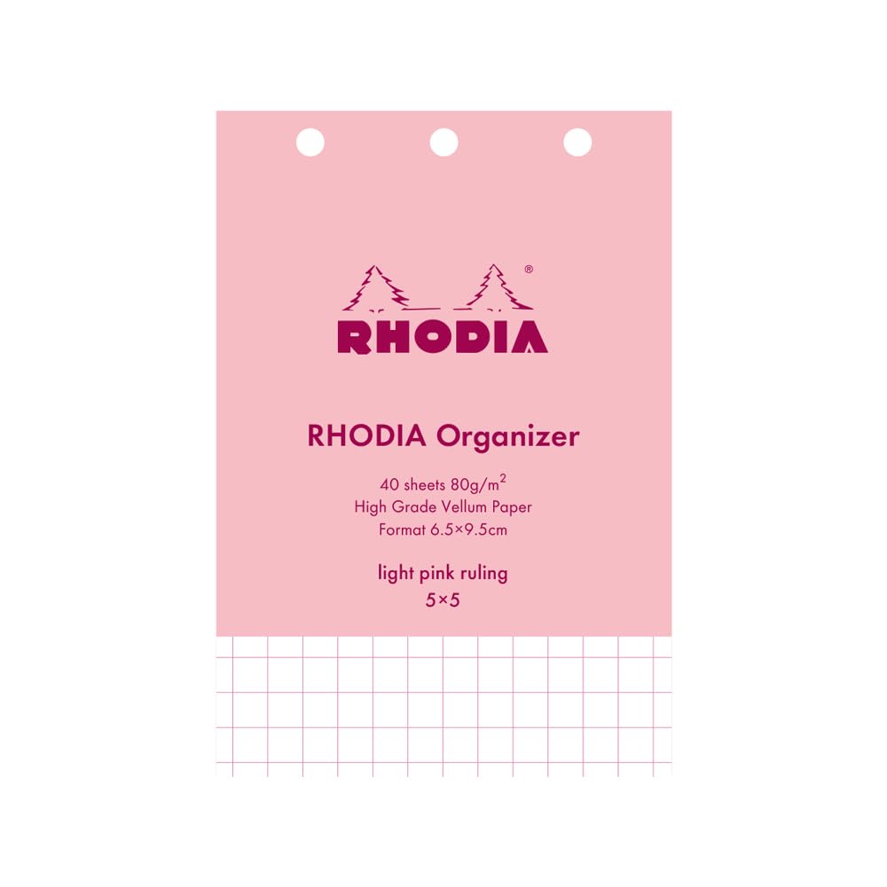 Rhodia Mini 3-Hole Personal Organizer Refill, Vellum Graph 5 x 5, Light Pink Rule, 3.7 x 2.6 inches (9.5 x 6.5 cm) (Bible Width), 0.2 inch (5 mm) Squares, 40 Sheets, Paper Weight 80 g/sq2