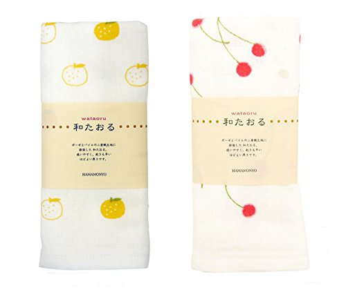 HAMAMONYO Nassen Dye Gauze Face Towel Set of 2 (Yuzu & Cherry)