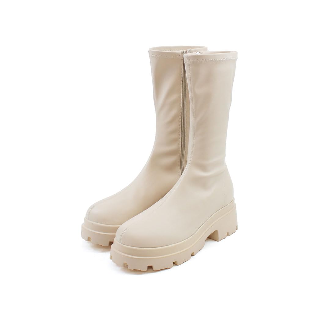 Vivian Women's Fashion Boots Thick Sole Stretch Middle Boots, beige combination, 25.0~25.5 cm