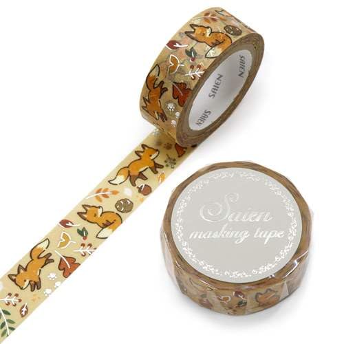 Kamiiso SAIEN UR-3070 Masking Tape, Foxes and Fallen Leaves, 0.6 inches (15 mm) x 26.4 ft (7 m)