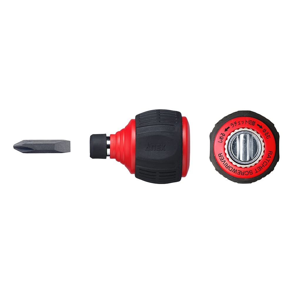 ANEX Ratcheting Screwdriver Stubby Ball Handle, Japanese Heavy Duty Bit Set (Phillips+2, Flat Head-6), Quick Ball Grip 60 Gear Mini Ratchet Screwdriver, Made in JAPAN