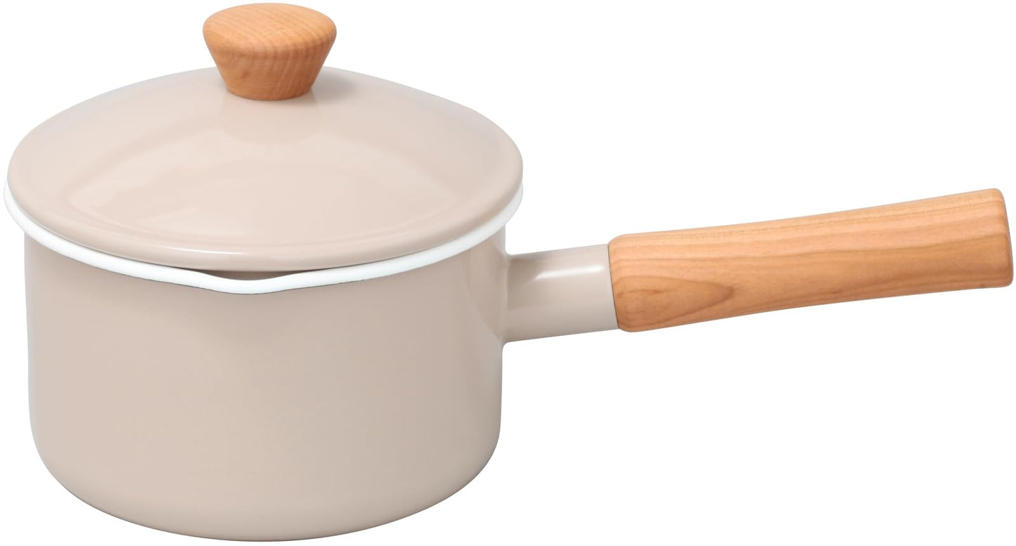 Nodahoro CL-14NBE Saucepan, 5.5 inches (14 cm), Enameled Gas Fire/Induction Compatible, Single Handled Pot, Made in Japan, Kururu, Beige