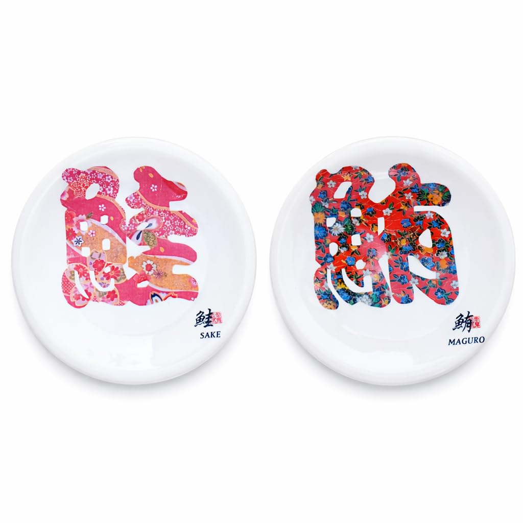 Fukui Craft Sushi Plate Set, 2 Pieces, Japanese Design　 (SALMON & TUNA)