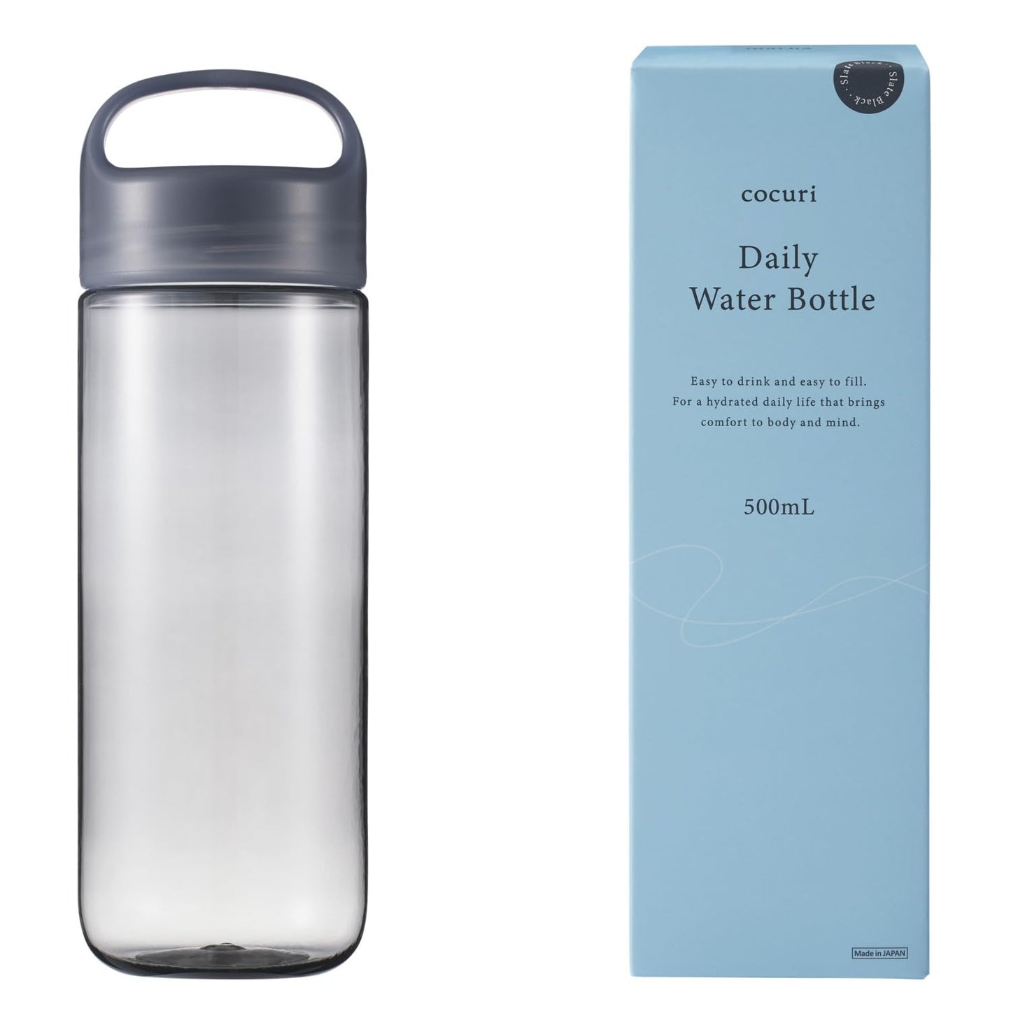 Marna Daily Water Bottle, 16.9 fl oz (500 ml) (Washerless) Smooth Mouth Feel Like Glass (Lightweight/Dishwasher Safe), Water Bottle, Drink Bottle (Made in Japan, Easy to Clean), Slate Black K795BK
