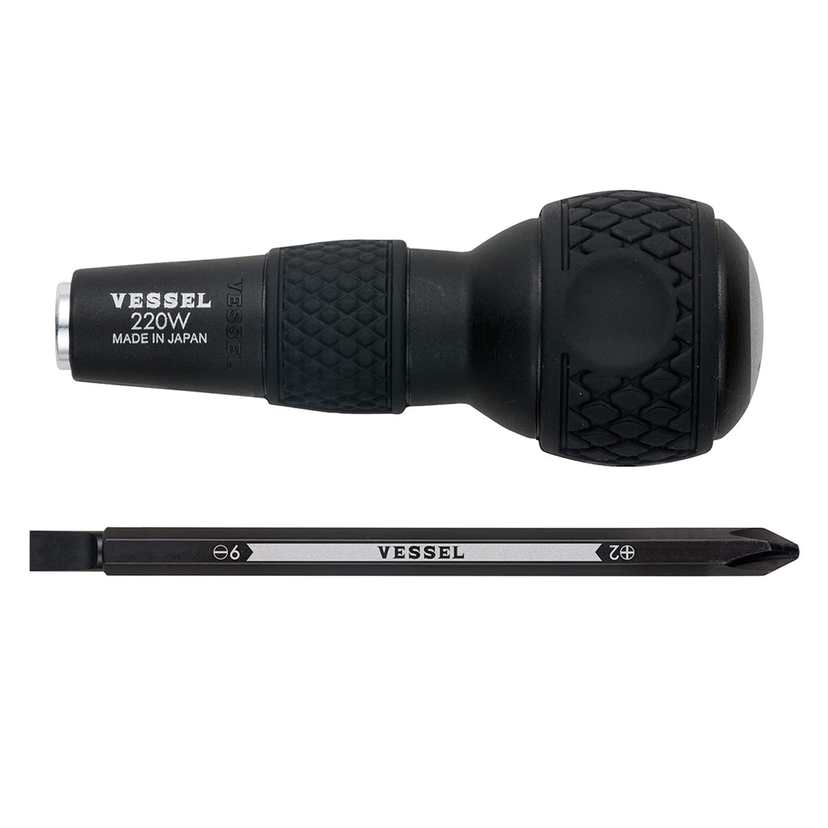 VESSEL BALL GRIP 1/4" Hex. Bit Interchangeable Screwdriver (Bit 1PC. (+2 and -6) SET. 220W62J)