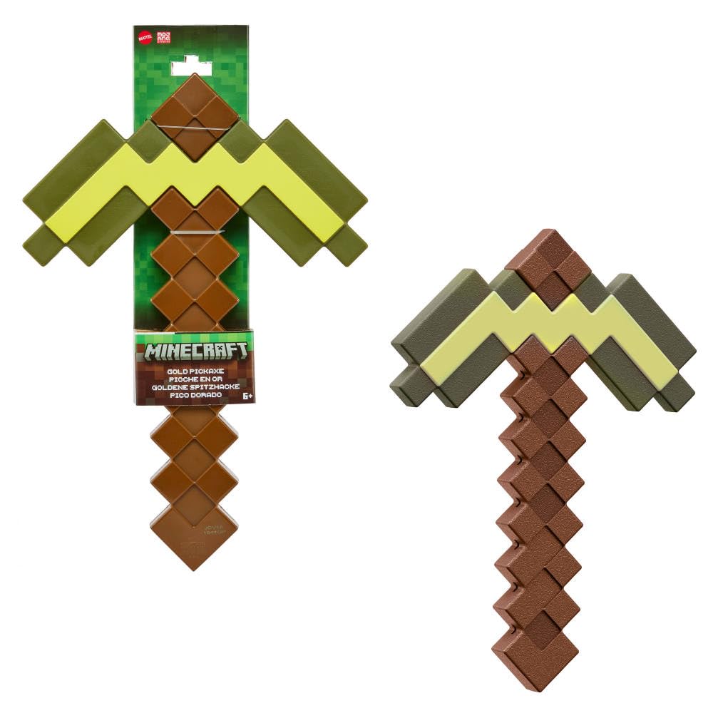 Mattel Minecraft Role-Play Battle Toy Accessory Collection with Pixelated Design, Gold Pickaxe
