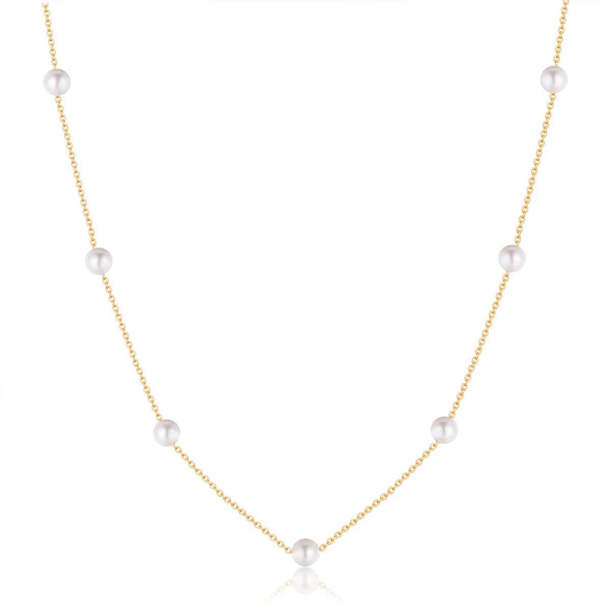 KOKO PEARL JEWELRY] Japanese-Made Akoya Pearl Station Necklace for Women Real Cultured Pearls with 10K Solid Gold Layered Chain Choker Daily Formal Jewelry Gift nc40-10k45-15