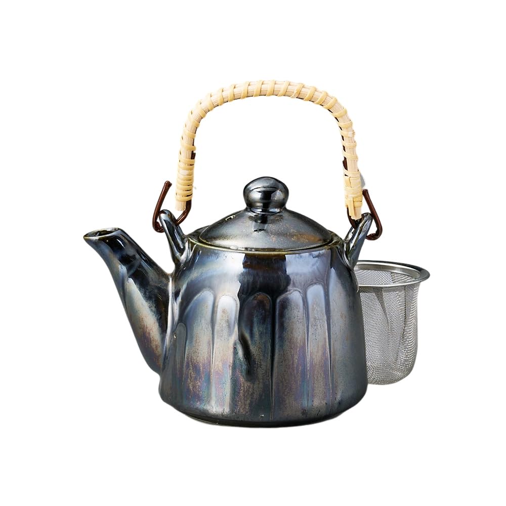 Ale-net Teapot, Soil Bottle, 5.5 x 3.7 x 4.7 inches (14 x 9.5 x 12 cm), 15.2 fl oz (430 cc), Oxidized Silver Color, Slim Soil Bottle (Stainless Steel Tea Strainer) Porcelain, Mino Ware, Made in Japan