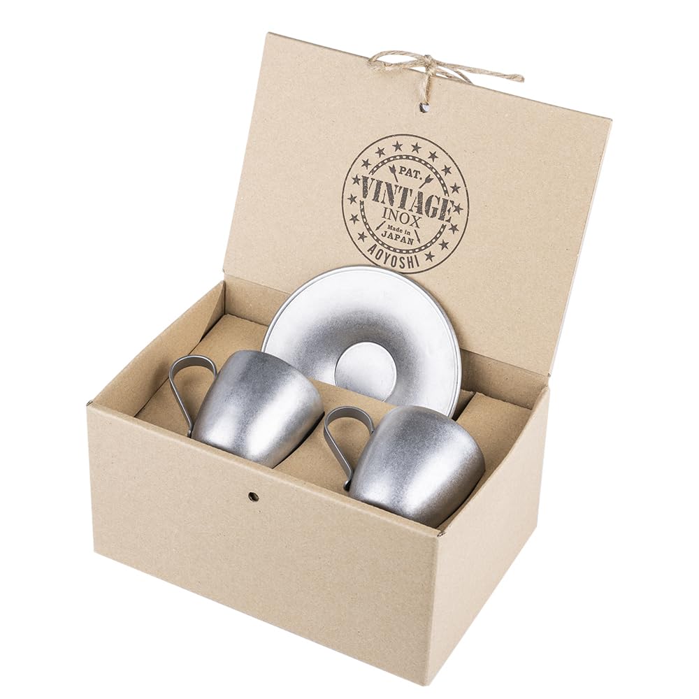 VINTAGEINOX Vintage Inox DW Cup & Saucer, Gift, Made in Japan, Cafe, Restaurant, Tea, Coffee, Stainless Steel, Aging, Unbreakable, Dishwasher Safe, Gift, 3.4 fl oz (100 ml), Set of 2