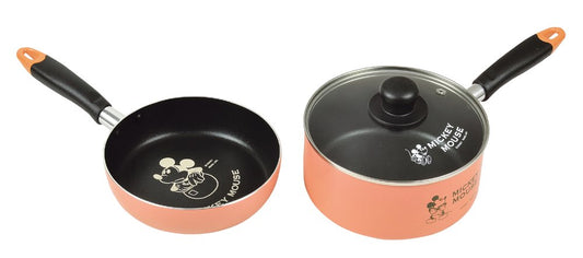 Pearl Metal WD-9067 3-Piece Set, Pot, Frying Pan, Glass Lid, 7.1 inches (18 cm), Induction Compatible, Fluorine Treatment, Mickey Mouse/Vintage, Disney