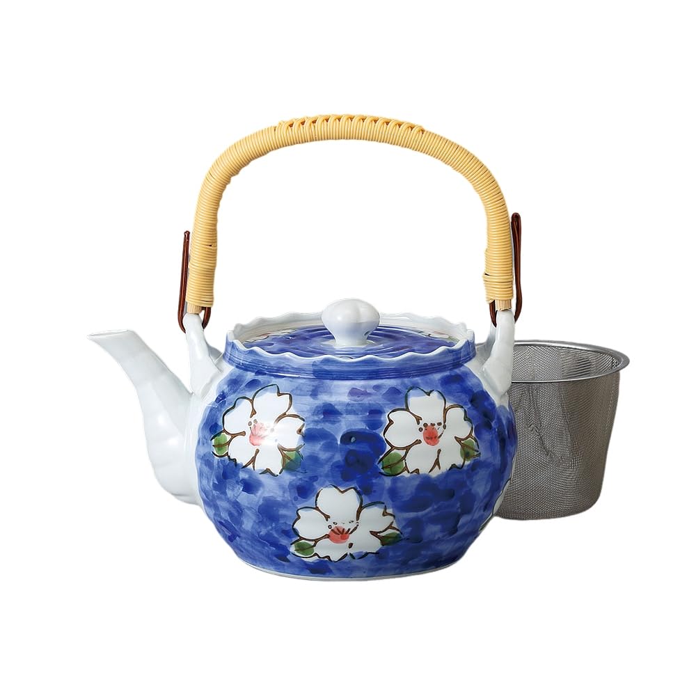 Ale-net Teapot, Earthenware, 8.1 x 6.3 x 5.1 inches (20.5 x 16 x 13 cm), 1,400 cc, Blue Camellia Rokuhei No. 8 Earthenware (with Stainless Tea Infuser) Porcelain, Mino Ware, Made in Japan, Fashionable