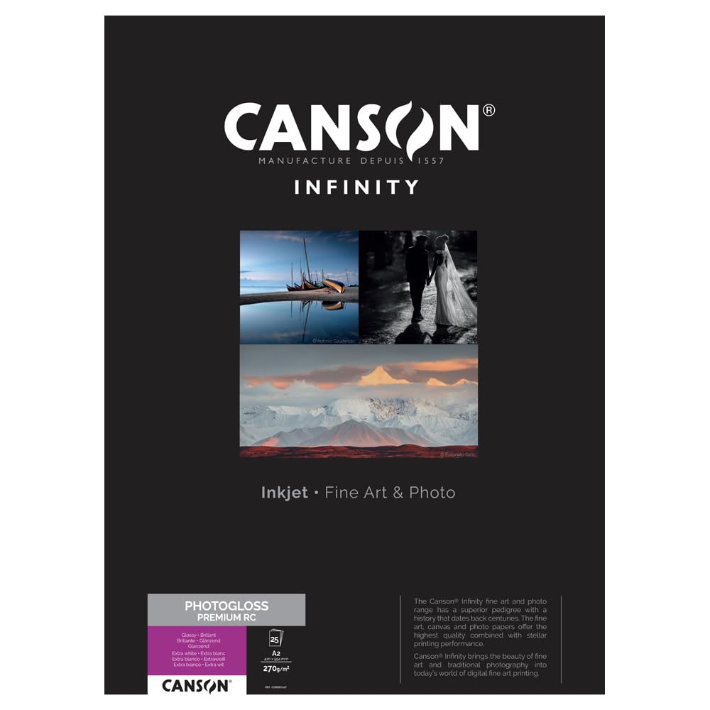 Canson Infinity PhotoGloss Premium RC 270gsm, smooth high white inkjet paper, A2, box of 25 sheets