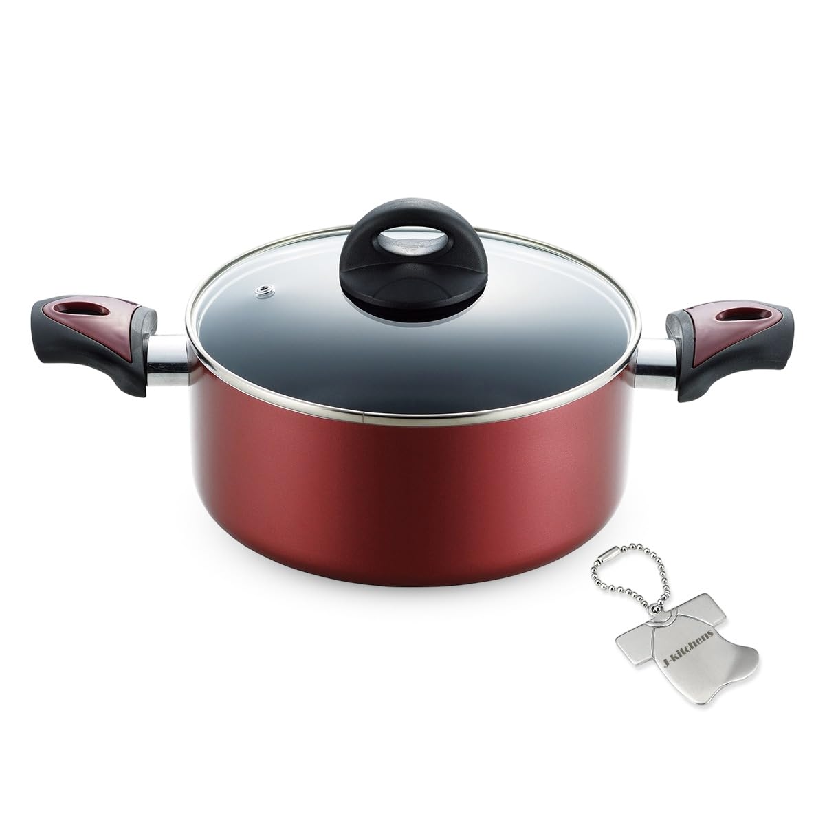 J-kitchens Two-Handed Pot, 8.7 inches (22 cm), Glass Lid Included, Induction Compatible, Gas, Fluorine Resin Processing, Wine Red, Original, T-shirt Shape, Can Opener Included