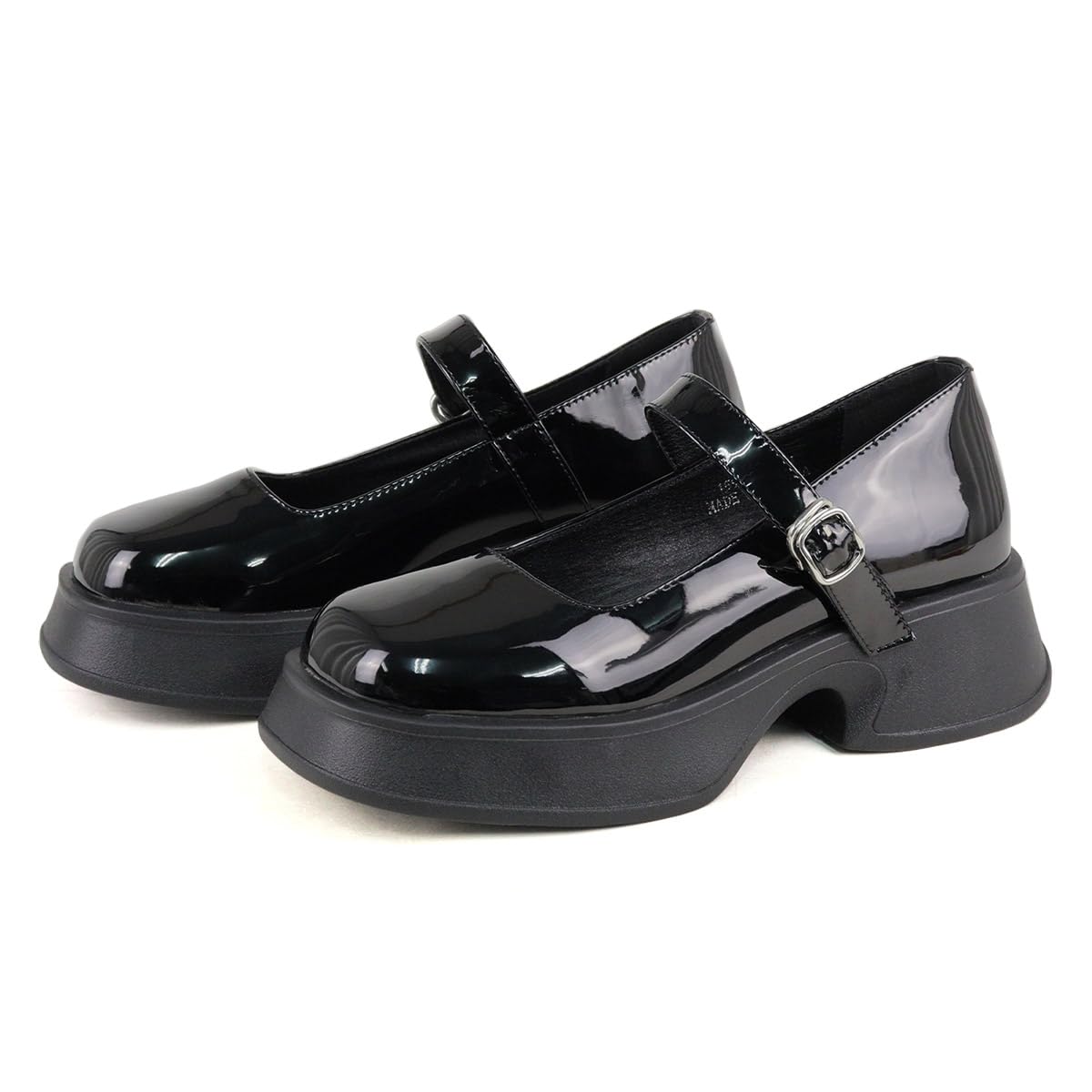 LOVE HUNTER(ラブハンター) Women's Mary Jane Pumps Flats Shoes 5cm Heel Wide Square Sole Strap Storm, Black Enamel, S
