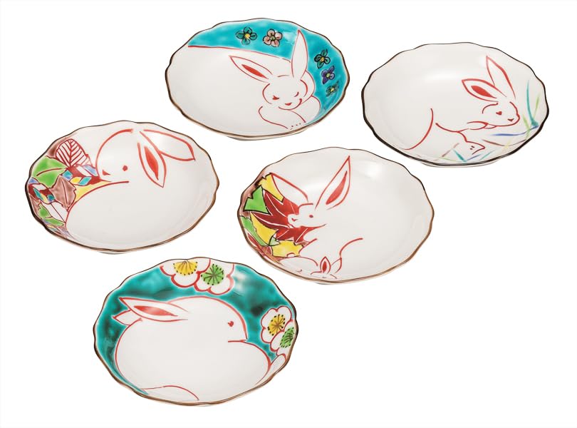 九谷焼いわたや(Kutaniyakiiwataya) Kutani Yaki Wataya No. 4.2 Plates, Flower Rabbit K9-98