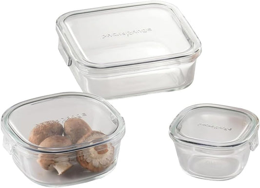 iwaki PCPRN3GY21 Heat Resistant Glass Storage Container, Cool Gray, Square Shape, 3-piece Set, Pack & Range
