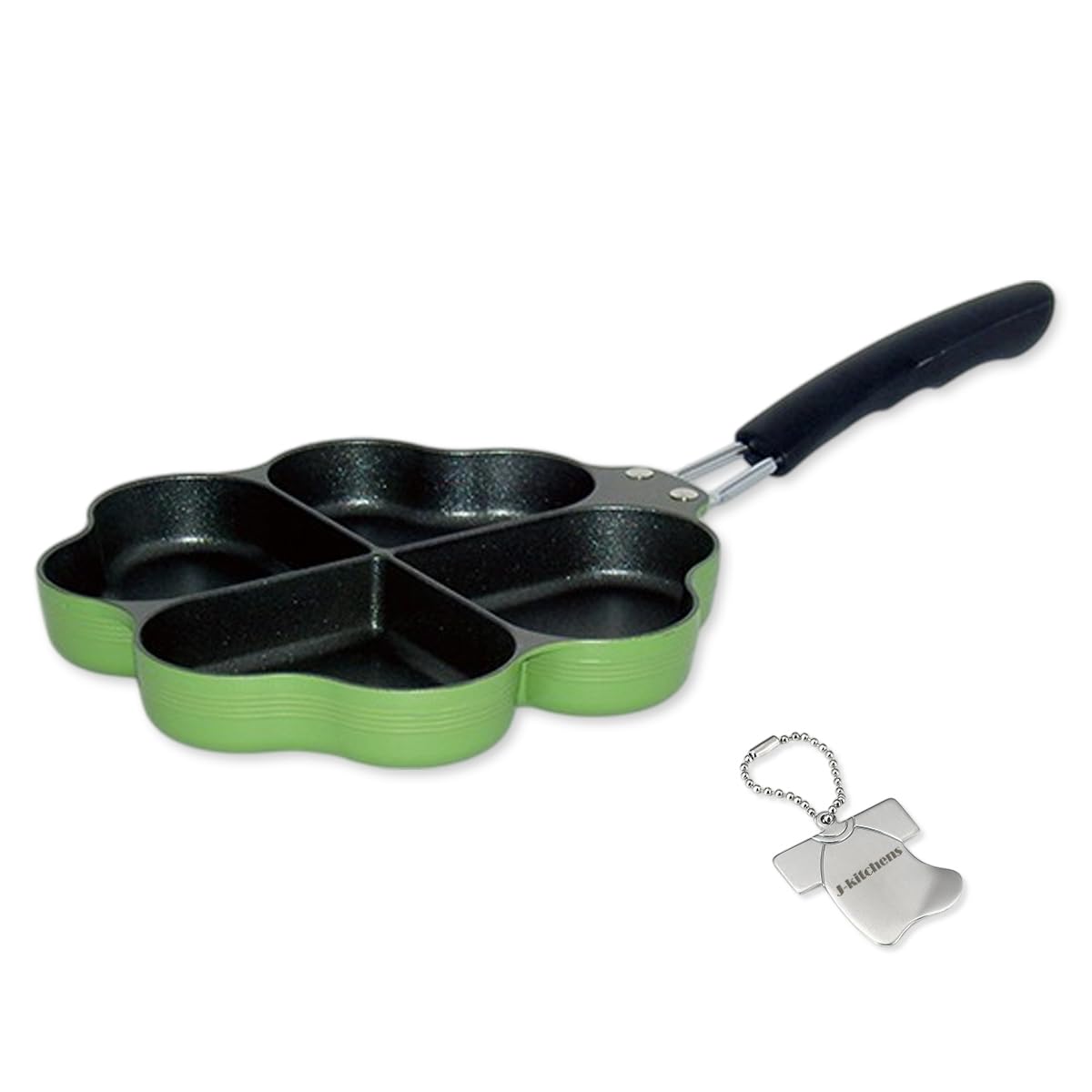 J-kitchens Morning Frying Pan, Can Cook 4 at once, Happy Quatrefoil Shape, Green, For Gas Fire, Fluorine Resin Processing, Made in Japan, Original T-shirt, Can Opener Included